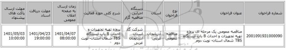 مناقصه، مناقصه عمومی یک مرحله ای پروژه تهیه تجهیزات و احداث 8 باب ایستگاه TBS شمال استان- نوبت دوم