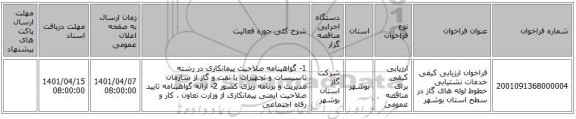 مناقصه، فراخوان ارزیابی کیفی خدمات نشتیابی خطوط لوله های گاز در سطح استان بوشهر