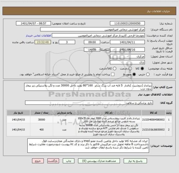 استعلام زیرانداز (دروشیت )بالدار  5 لایه ضد آب بزرگ سایز  160*80 تولید داخل 30000 عدد و لگن پلاستیکی زیر بیمار بدون درب
