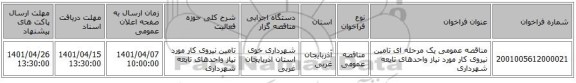 مناقصه، مناقصه عمومی یک مرحله ای  تامین نیروی کار مورد نیاز واحدهای تابعه شهرداری