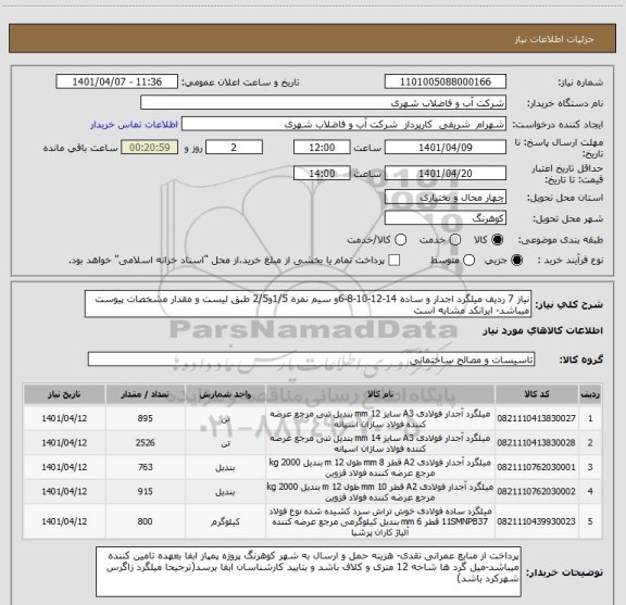 استعلام نیاز 7 ردیف میلگرد اجدار و ساده 14-12-10-8-6و سیم نمره 1/5و2/5 طبق لیست و مقدار مشخصات پیوست میباشد- ایرانکد مشابه است