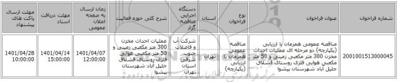 مناقصه، مناقصه عمومی همزمان با ارزیابی (یکپارچه) دو مرحله ای عملیات احداث مخزن 300 متر مکعبی زمینی و 50 متر مکعبی هوایی فلزی روستای قشلاق جلیل آباد شهرستان پیشوا
