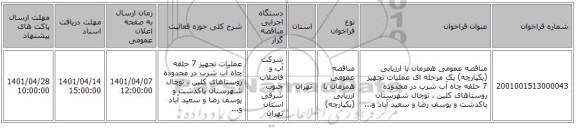 مناقصه، مناقصه عمومی همزمان با ارزیابی (یکپارچه) یک مرحله ای عملیات تجهیز 7 حلقه چاه آب شرب در محدوده روستاهای کلین ، توچال شهرستان پاکدشت و یوسف رضا و سعید آباد و...