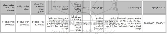 مناقصه، مناقصه عمومی همزمان با ارزیابی (یکپارچه) یک مرحله ای حفر و پمپاژ پنج حلقه چاه آب شرب به روش دورانی همراه با تهیه و نصب لوله جدار 14 اینچ فولادی