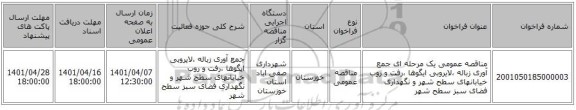 مناقصه، مناقصه عمومی یک مرحله ای جمع آوری زباله ،لایروبی ایگوها ،رفت و روب خیابانهای سطح شهر و نگهداری فضای سبز سطح شهر
