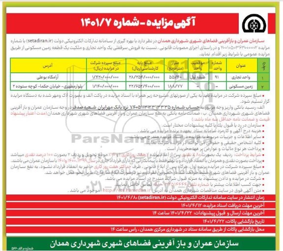مزایده مزایده فروش سرقفلی یک واحد تجاری و زمین مسکونی