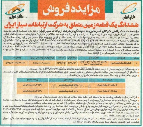 مزایده مزایده فروش یک ملک زمین مساحت 2296.65 متر