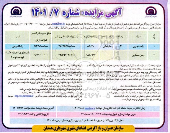 مزایده فروش سرقفلی یک واحد تجاری و یک قطعه زمین مسکونی
