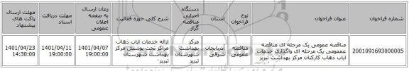 مناقصه، مناقصه عمومی یک مرحله ای مناقصه عممومی یک مرحله ای واگذاری خدمات ایاب ذهاب کارکنان مرکز بهداشت تبریز