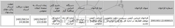 مناقصه، فراخوان ارزیابی کیفی سرویس دهی مامورین موظف قطارها در  اداره کل راه آهن خراسان تجدید