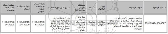 مناقصه، مناقصه عمومی یک مرحله ای عملیات تهیه، ساخت و اجرای نمای کامپوزیت و نمای فلزی اسکلت راه پله بلوک A و B و اگزاست فن ها و نورپردازی