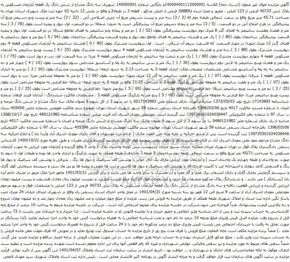 آگهی مزایده سه دانگ مشاع از شش دانگ یک قطعه آپارتمان مسکونی به پلاک ثبتی 40733 فرعی از 123 اصلی