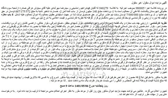 مزایده فروش چند باب مغازه و یک قطعه زمین 