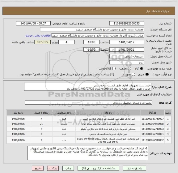 استعلام خرید ست تجهیزات اداری طبق لیست درخواستی 
خرید از طریق اوراق خزانه با نماد اخزا006به تاریخ 1403/07/23 خواهد بود