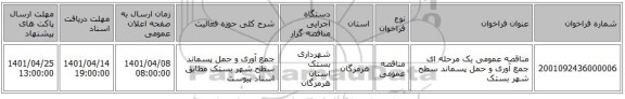 مناقصه، مناقصه عمومی یک مرحله ای جمع آوری و حمل پسماند سطح شهر بستک