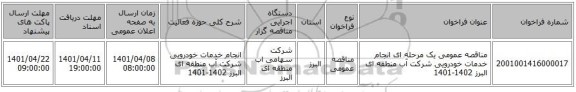 مناقصه، مناقصه عمومی یک مرحله ای انجام خدمات خودرویی شرکت آب منطقه ای البرز 1402-1401