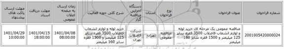 مناقصه، مناقصه عمومی یک مرحله ای خرید لوله و لوازم انشعاب فاضلاب 3500 فقره سایز 125 میلیمتر و 1500 فقره سایز 160 میلیمتر