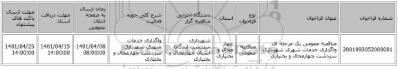 مناقصه، مناقصه عمومی یک مرحله ای واگذاری خدمات شهری شهرداری سردشت چهارمحال و بختیاری