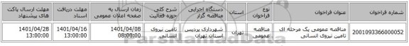مناقصه، مناقصه عمومی یک مرحله ای تامین نیروی انسانی