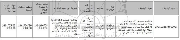 مناقصه، مناقصه عمومی یک مرحله ای مناقصه شماره 40180055 انجام کارهای ساختمانی جهت تکمیل سوله انبار اقتصاد مقاومتی شرکت پالایش گاز شهید هاشمی نژاد