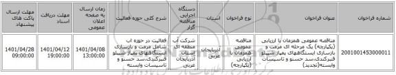 مناقصه، مناقصه عمومی همزمان با ارزیابی (یکپارچه) یک مرحله ای مرمت و بازسازی ایستگاههای پمپاژ شیبلو قنبرکندی،سد حسنو و تاسیسات وابسته(تجدید)