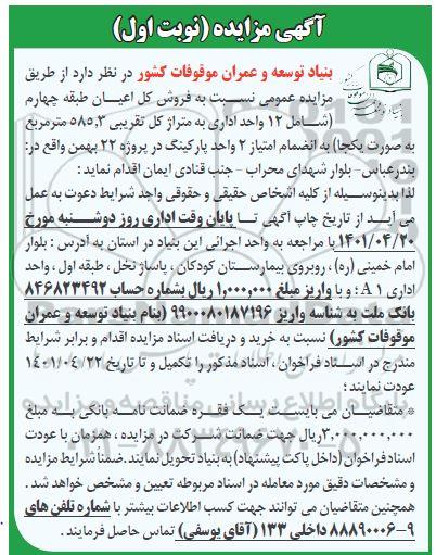مزایده فروش کل اعیان طبقه چهارم شامل 12 واحد اداری به متراژ کل تقریبی 585.3 متر مربع به صورت یکجا و 2 واحد پارکینگ