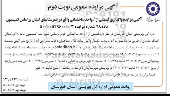 مزایده واگذاری قسمتی از واحد ساختمانی - نوبت دوم