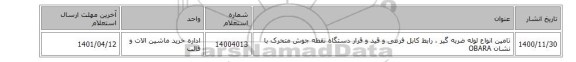تامین انواع لوله ‎ضربه گیر‏ ، رابط ‎کابل فرعی‏ و قید و قرار دستگاه نقطه جوش متحرک با نشان OBARA