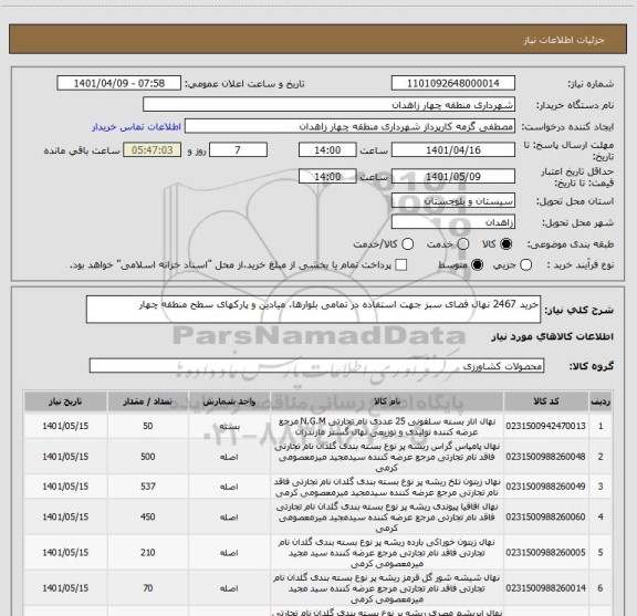استعلام خرید 2467 نهال فضای سبز جهت استفاده در تمامی بلوارها، میادین و پارکهای سطح منطقه چهار