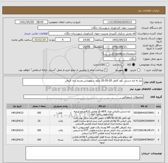 استعلام نیاز به اره دستی کود کامل 20-20-20 وکود سولوپتاس وسم تری کروفن