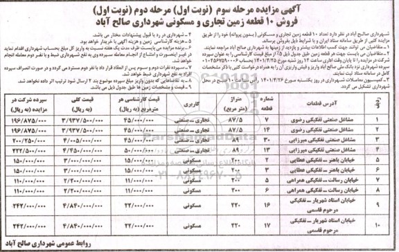 آگهی مزایده فروش 10 قطعه زمین تجاری و مسکونی شهرداری...