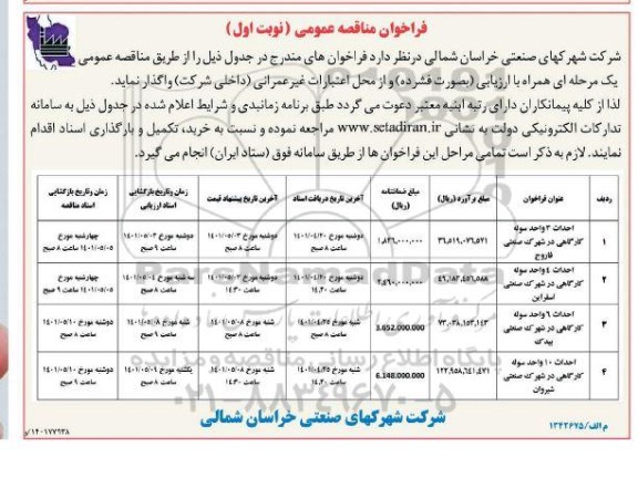 فراخوان مناقصه احداث 3 و احد سوله  کارگاهی در شهرک صنعتی و ....