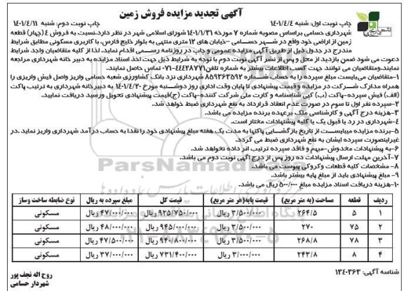  مزایده فروش 4 قطعه زمین از اراضی مسکونی  نوبت دوم 