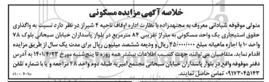 خلاصه آگهی مزایده مسکونی به متراژ تقریبی 84 مترمربع