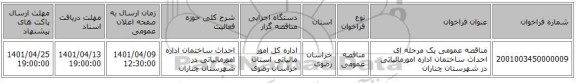 مناقصه، مناقصه عمومی یک مرحله ای احداث ساختمان اداره امورمالیاتی در شهرستان چناران