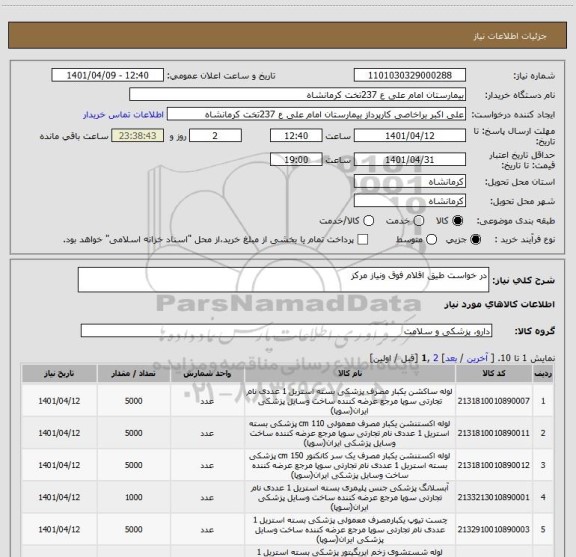 استعلام در خواست طیق اقلام فوق ونیاز مرکز