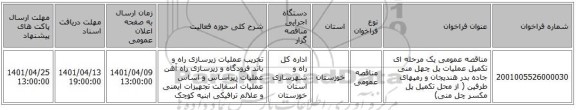 مناقصه، مناقصه عمومی یک مرحله ای تکمیل عملیات پل چهل منی جاده بدر هندیجان و رمپهای طرفین ( از محل تکمیل پل مکسر چل منی)