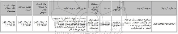 مناقصه، مناقصه عمومی یک مرحله ای واگذاری خدمات شهری و فضای سبز و خدمات ایمنی و آتشنشانی