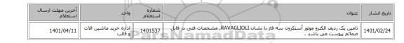 تامین یک ردیف الکترو موتور آسنکرون سه فاز با نشان RAVAGLIOLI, مشخصات فنی در فایل ضمائم پیوست می باشد .