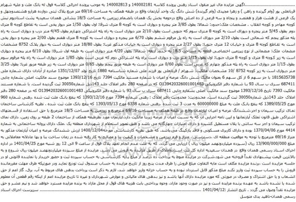 آگهی مزایده شش دانگ یک واحد آپارتمان واقع در طبقه همکف به مساحت 69/16 متر مربع پلاک ثبتی دوازده هزارو هشتصدوچهل و یک فرعی از هشت هزار و هفتصد و پنجاه و سه فرعی از ده اصلیور