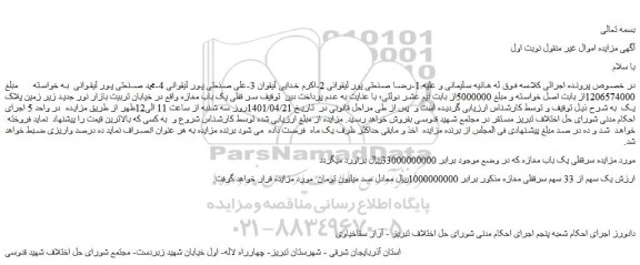 مزایده فروش سرقفلی یک باب مغازه