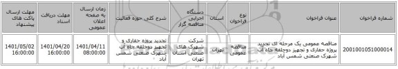 مناقصه، مناقصه عمومی یک مرحله ای تجدید پروژه حفاری و تجهیز دوحلقه چاه آب شهرک صنعتی شمس آباد