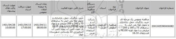 مناقصه، مناقصه عمومی یک مرحله ای خرید، بارگیری، حمل، باراندازی و تحویل لوله پلی اتیلن به سایزهای 75 و 160 و 200 میلیمتر و با مواد اولیه PE100 با فشارهای 16،10