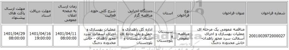 مناقصه، مناقصه عمومی یک مرحله ای عملیات بهسازی و اجرای آسفالت سرد محور زاهدان- خاش محدوده دجنگ