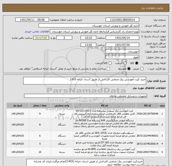 استعلام خرید کیت آموزشی برق صنعتی کاردانش از طریق اسناد خزانه 1403