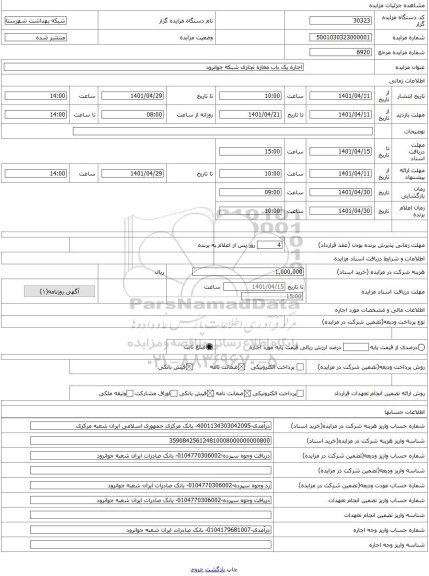 مزایده ، اجاره یک باب مغازه تجاری شبکه جوانرود
