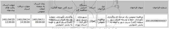 مناقصه، مناقصه عمومی یک مرحله ای واگذاری نگهداری، حفظ و توسعه فضای سبز منطقه (الف) نسیم شهر و حومه به بخش خصوصی