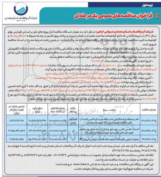 مناقصه حفر دو حلقه چاه مکانیکی با دستگاه ضربه ای تامین کننده آب شرب ...