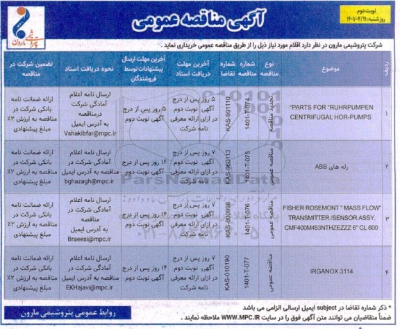 مناقصه PARTS FOR RUHRPUMPEN CENTRIFUGAL HOR-PUMPS ...نوبت دوم