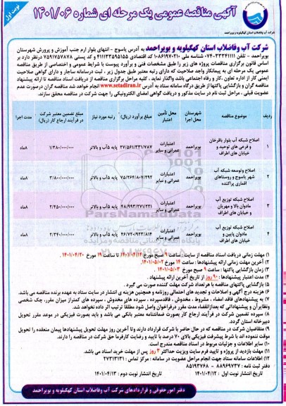 مناقصه اصلاح شبکه آب